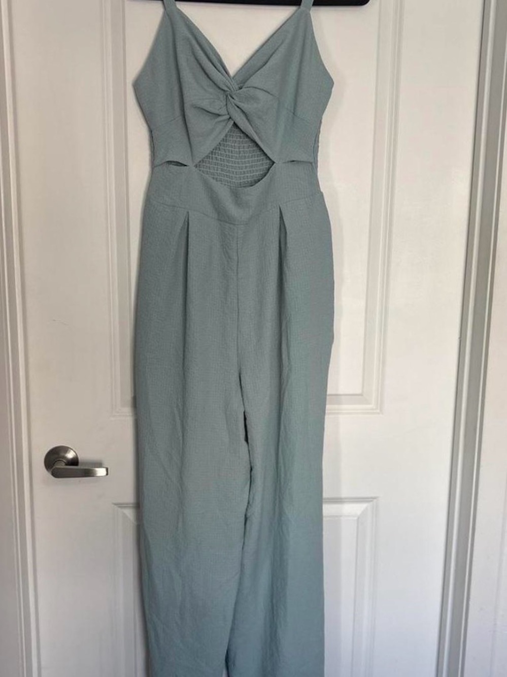 Sleeveless Twist-Front Wide-Leg Jumpsuit in Light Sage